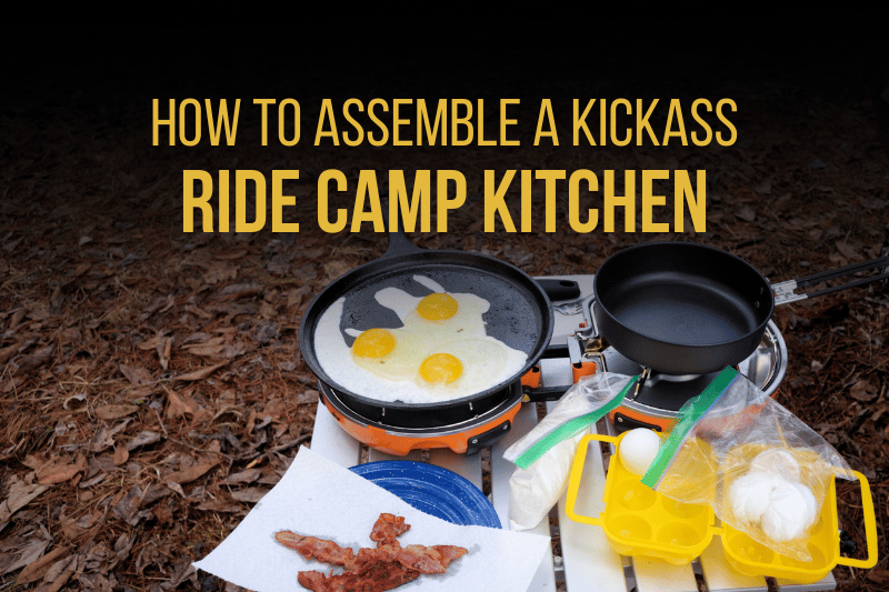 camping kitchen with eggs and bacon